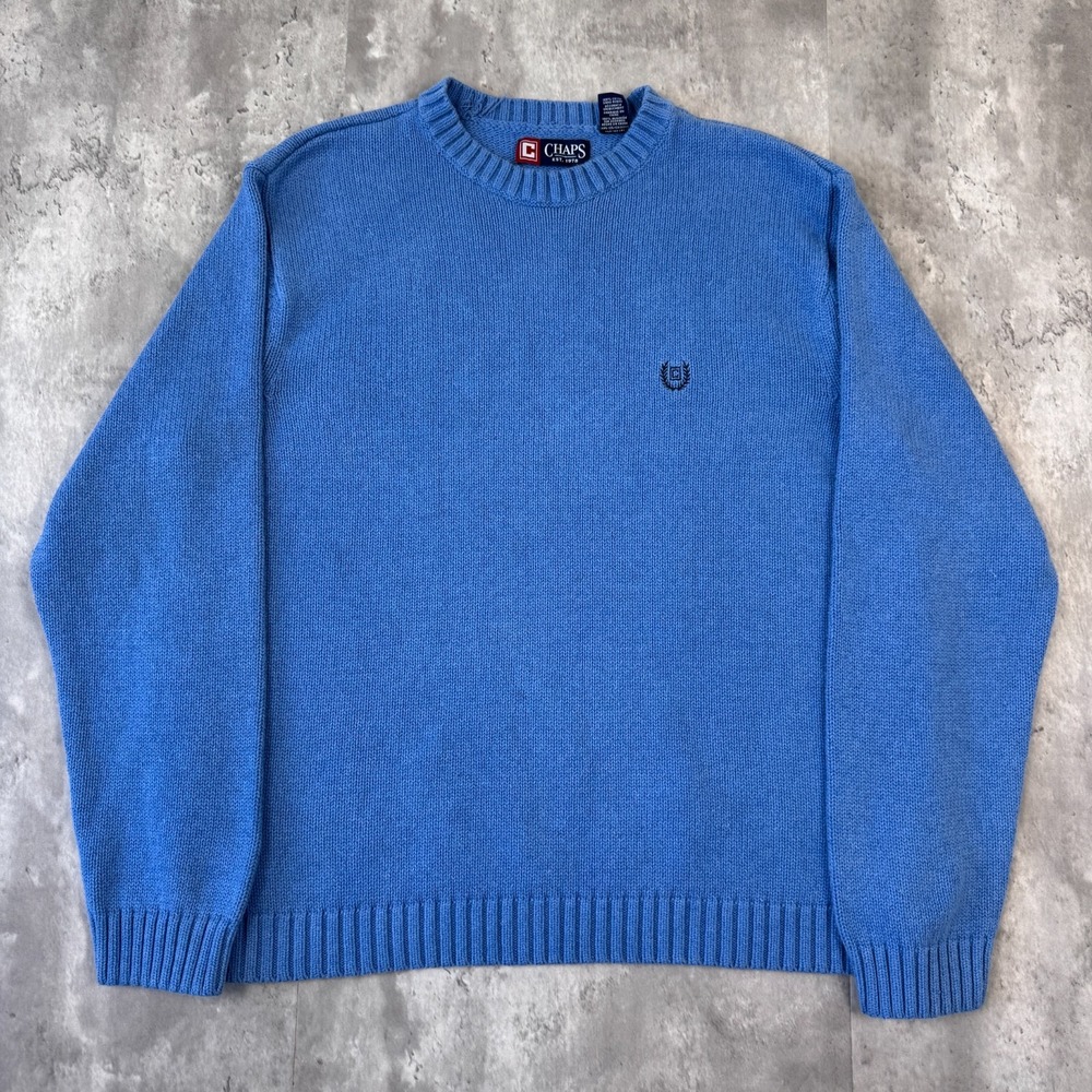 Vintage Chaps Crewneck Sweater Mens XL Blue Cotton Embroidered Logo Preppy 2000s